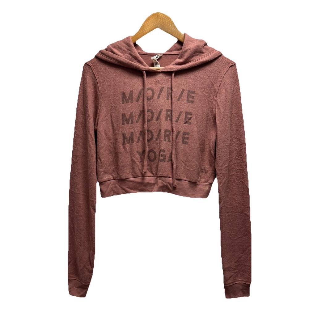 Alo Yoga Womens Sz XS Brick Dusty Pink Cropped Pullover "MORE" Hoodie Sweatshirt